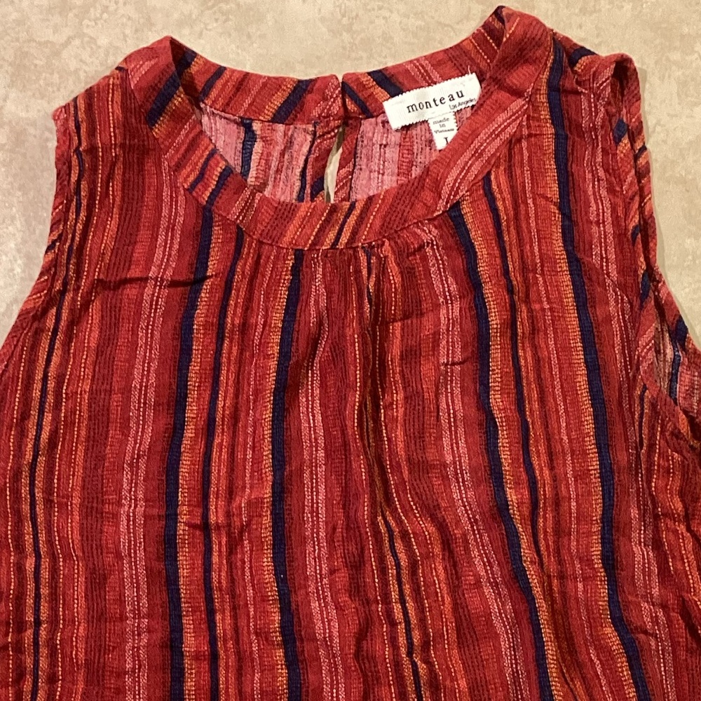 Monteau Red Rayon Lightweight Striped Sleeveless Blouse with Side Ti…